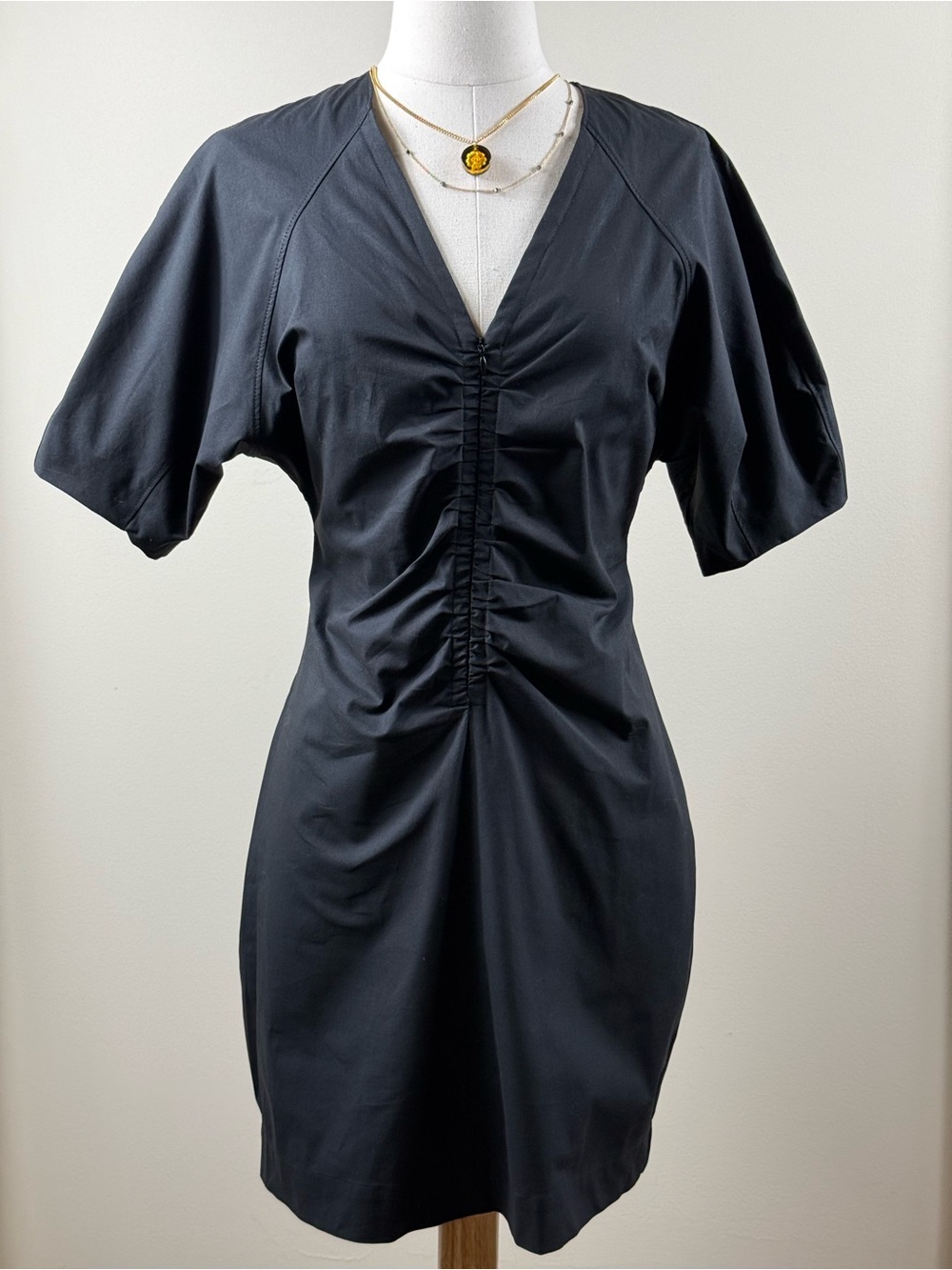 ba&sh Black Ruched Front Short Sleeve V-Neck Dress Size 2